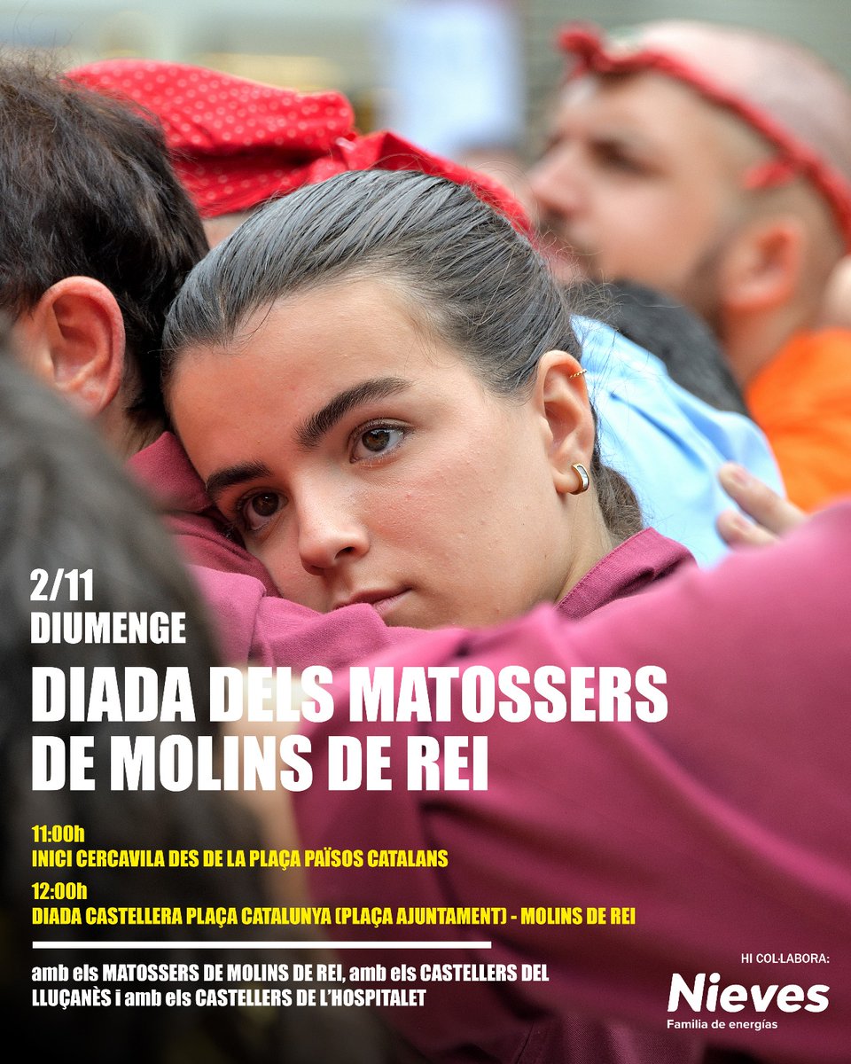 Aquest diumenge 02 de novembre actuació a Molins de Rei! 

A les 11:30h a la Plaça Catalunya de Molins amb <a href="/Matossers/">Matossers de Molins</a>  <a href="/Castllucanes/">Castellersdelluçanès</a>  i <a href="/CollaJoveLH/">Colla Jove de l'H</a> 
 
L’última sortida d’aquest 2025! Tot just abans del gran dia; LA DIADA! El proper 9 de novembre!
 
#castells
