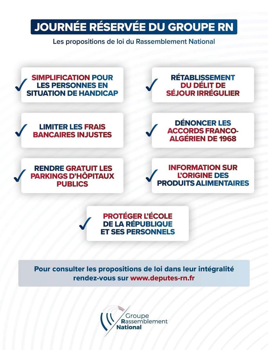 Aujourd’hui en séance pour l’examen de la « niche » du groupe rassemblement national, à savoir une journée où sont examinées des propositions de loi du groupe. Voici les textes que nous porterons et défendrons tout au long de cette journée #RN