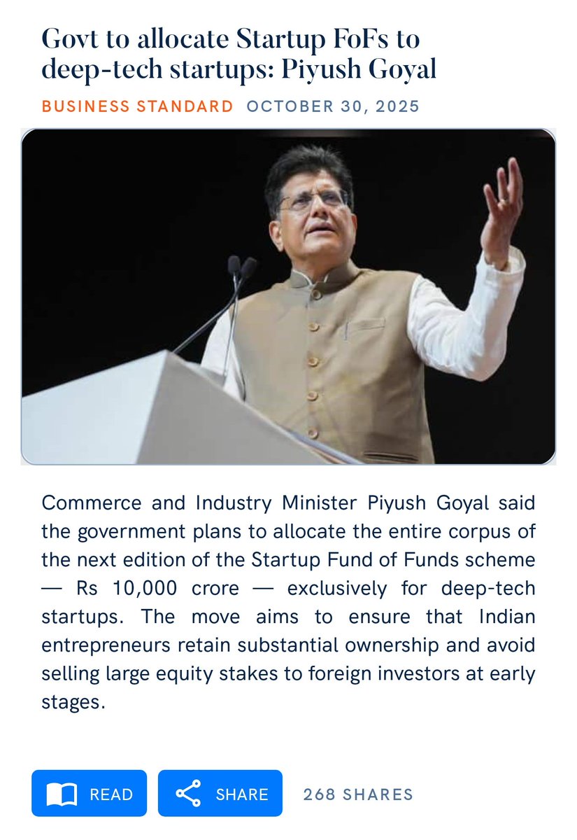 Govt to allocate Startup FoFs to deep-tech startups: Piyush Goyal 
business-standard.com/industry/news/…

via NaMo App