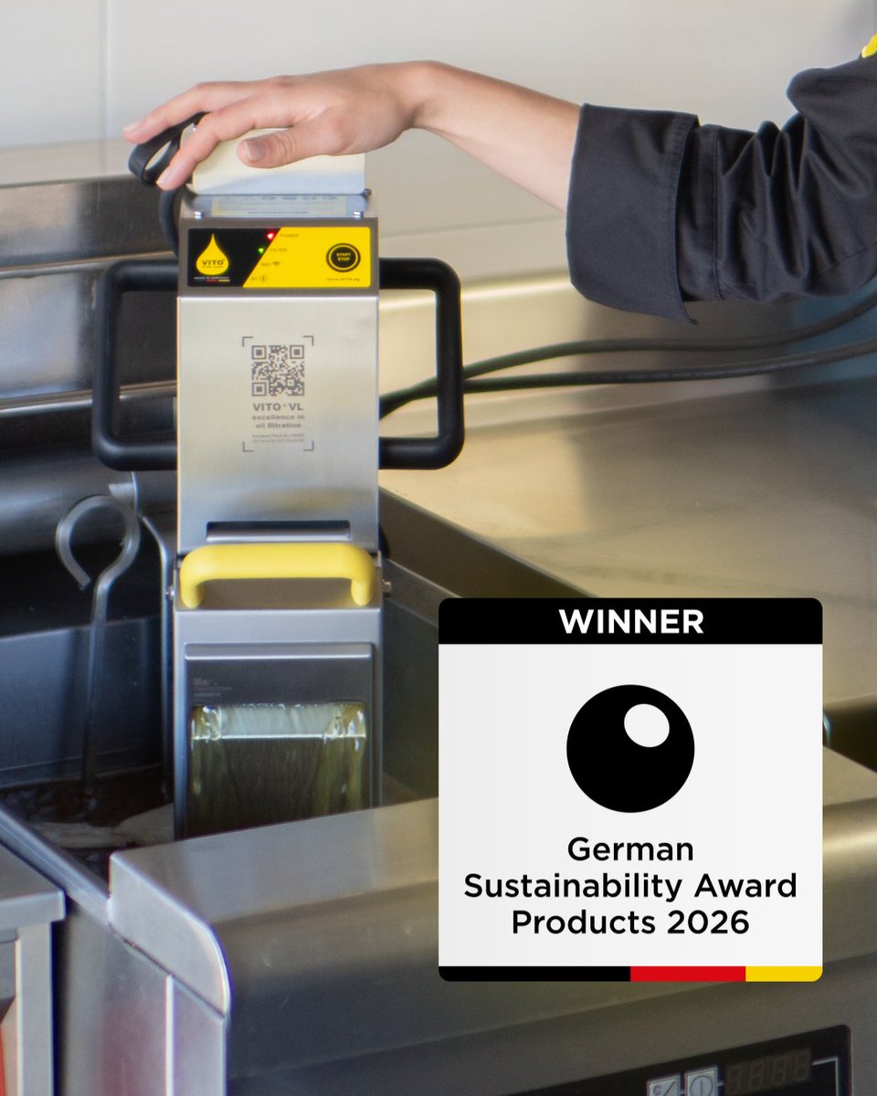 VITOFILTRATION's tweet photo. VITO wins the German Sustainability Award 2026! 🏆

Our VITO frying oil filter is recognized by the expert jury for delivering measurable resource efficiency, climate protection, and sustainable business impact in foodservice. https://t.co/zK51zk5zk4