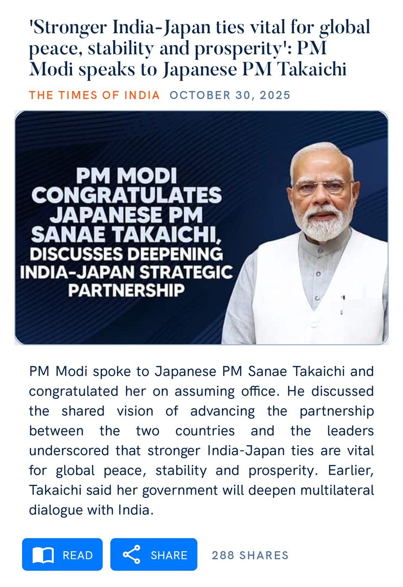 'Stronger India-Japan ties vital for global peace, stability and prosperity': PM Modi speaks to Japanese PM Takaichi
timesofindia.indiatimes.com/india/stronger…

via NaMo App