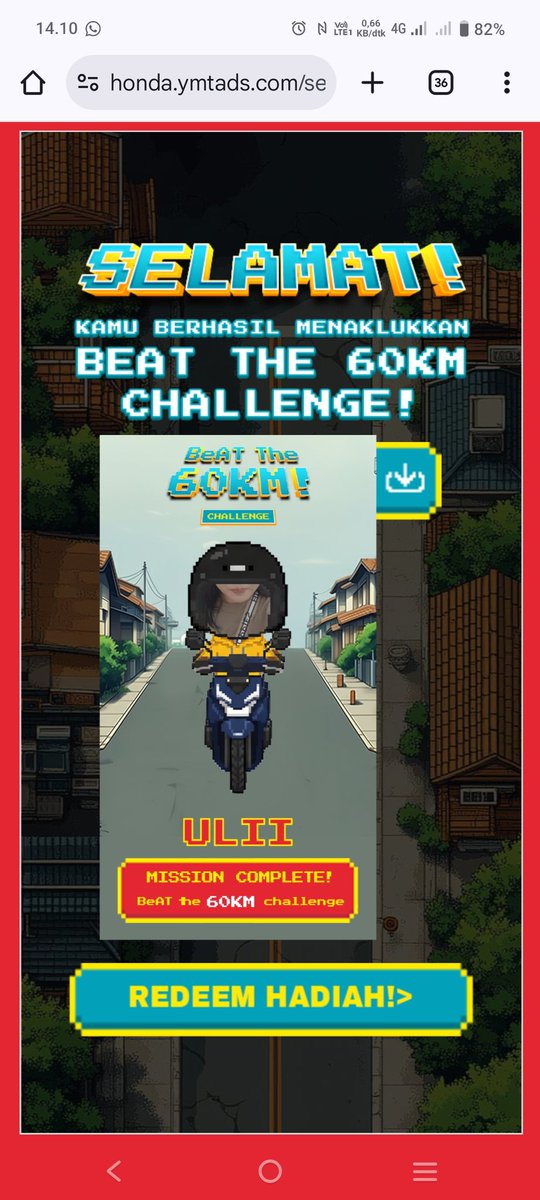 Baru banget jd pembalap irit wkwkw beat 60KM. Nemu banner game-nya ga sengaja trus maen nya tinggal scroll doang tapi beneran beat 60KM pke bensin 1 liter? 
Ntar kerja lewatin dealer mampir aja apa?
