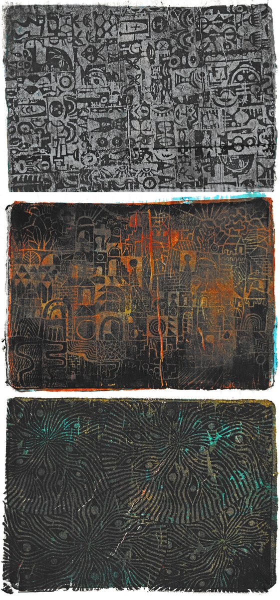 Heldinne's tweet image. de best gelukte #imagetransfer #gelliprints van gister 
nu met een aparte brayer voor gel medium
donkere kleuren nodig voor een boekje, met fellere kleuren zullen ze nog helderder zijn