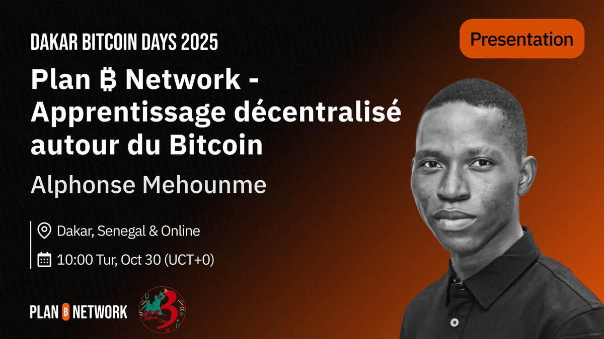 Bitcoin Dakar Days are underway! 🇸🇳

Today, our very own <a href="/mehounme/">Alphonse 🌍</a> takes the stage to present:

Plan ₿ Network – Decentralized Learning Around Bitcoin 🎤🧡

Spreading knowledge, one block at a time.