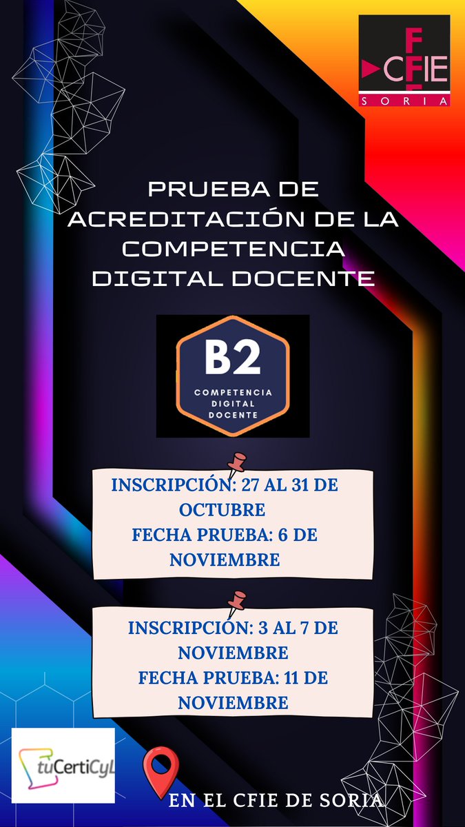📢 ¡Atención docentes!
🧑‍💻 ¿Quieres acreditar tu competencia digital nivel B2?
📍 CFIE de Soria te ofrece la oportunidad
🗓️ ¡Consulta fechas y apúntate!
✅ ¡Es tu momento de avanzar!
<a href="/educacyl/">Educación JCyL</a> #formaciónCyL #tiCyL
Inscripciones:
tucerticyl.es