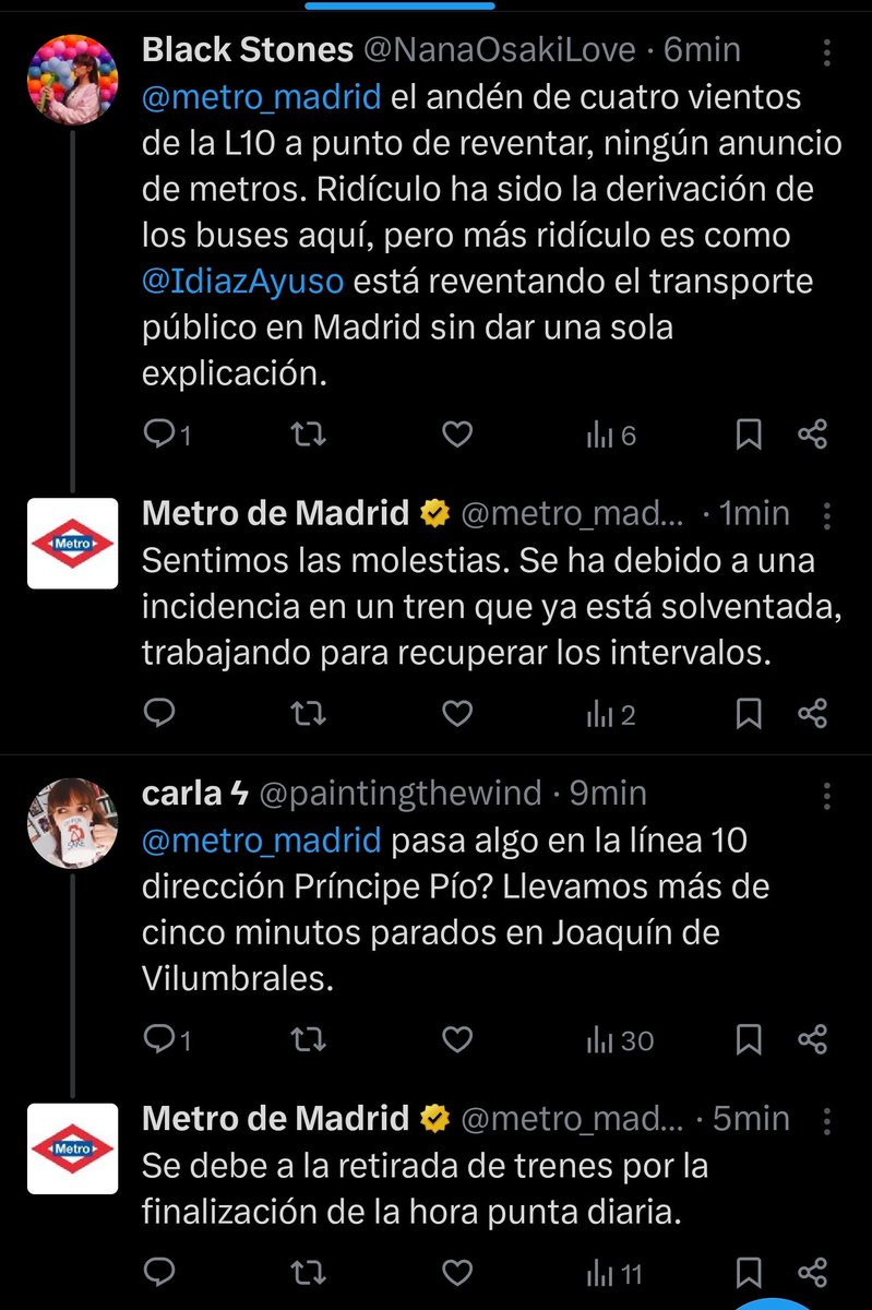 lo de Metro de Madrid es increible

primero te dicen que en la linea 10 no pasa nada, solo retirada de trenes

5 minutos despues era una avería ya solucionada

mientras los usuarios del metro a tragar un dia mas con la incompetencia de esta gente