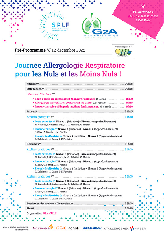 SPLF_SocPneumo's tweet image. ‼️ Il reste des places pour la 🫁 Journée Allergologie Respiratoire pour les Nuls et les moins Nuls
🗓️12 décembre📍Paris
📚 Formation éligible DPC
Prog/inscription :
👉  splf.fr/produit/cautio…
#respiratoire #asthme #poumon #formation #allergologie #immunotherapie #pneumologie