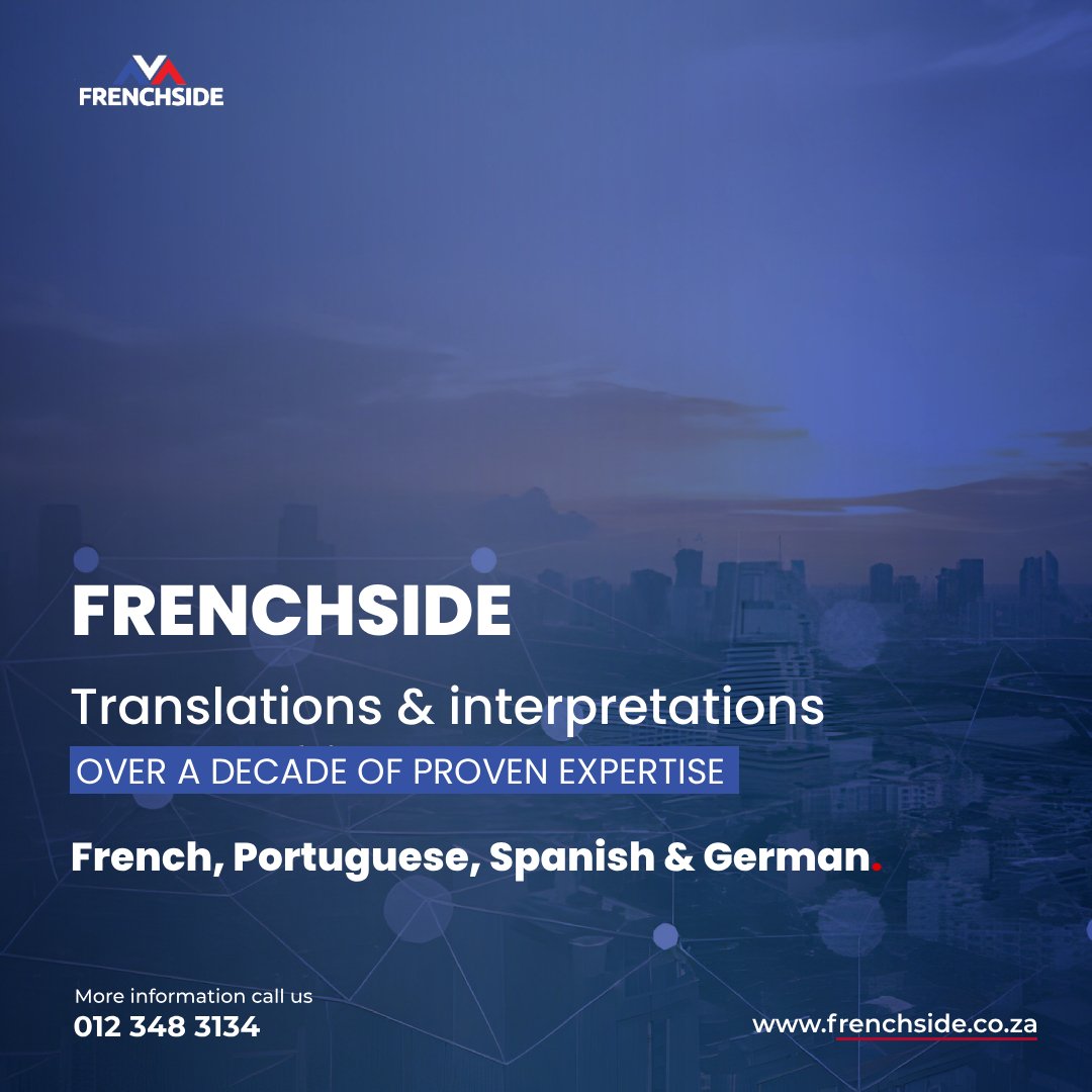 FrenchSideza's tweet image. Top-tier translations &amp;amp; interpretations by Frenchside-over 10 years’ proven expertise!
Specializing in French, Portuguese, Spanish, &amp;amp; German. Serving SA’s major cities. Elevate your global reach! #LanguagePros #Frenchside #TranslationServices #sstvi