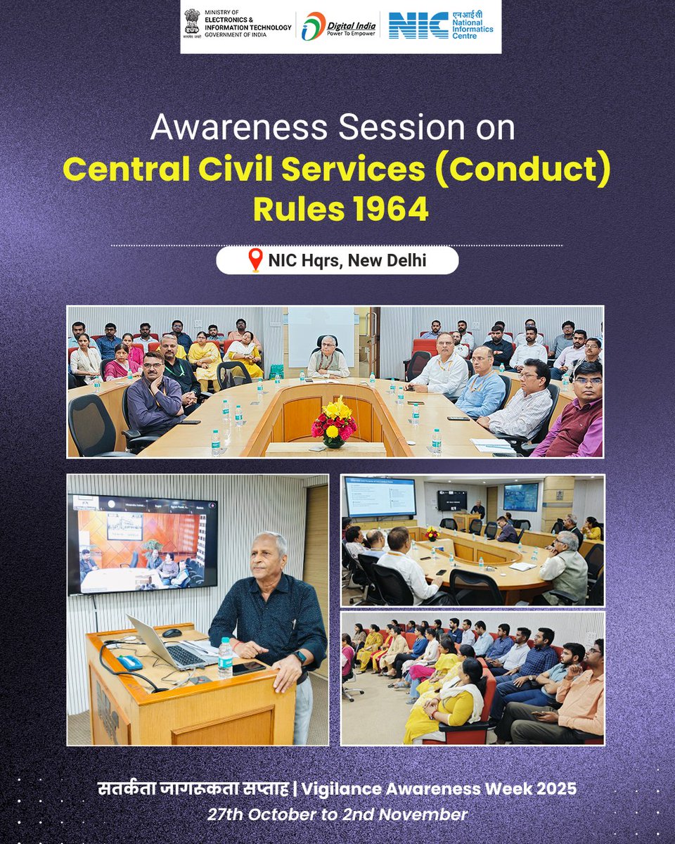 NICMeity's tweet photo. As a part of the ongoing #VigilanceAwarenessWeek2025, an insightful and engaging session on the Central Civil Services (Conduct) Rules, 1964 was delivered by Shri Anil Rastogi, Retd. Director, at NIC Hqrs., today.
#NICMeitY #VigilanceAwarenessWeek #VigilanceWeek https://t.co/c0X4VtupoH