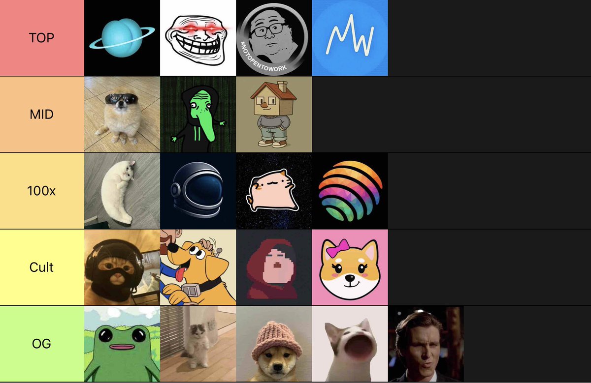 Gm $Solana memecoin tier list Update:

TOP: $Uranus $Usduc $neet $troll

MID: $kori $tokabu #chillhouse

100x: $Mooncat $Bubble $Crumb #Priceless 

Cult: $Mask $Spark $Kirby $Momo

OG: $fwog $popcat $fwog $michi $Sigma