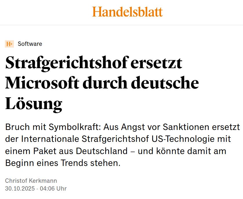 #Digitalsouveränität ist möglich – man muss sie nur wollen: Der Internationale #Strafgerichtshof macht nun den ersten Schritt und will #Microsoft-Anwendungen durch digitalsouveräne Software aus #Deutschland – namentlich von #ZenDiS – ersetzen:
handelsblatt.com/technik/it-int…