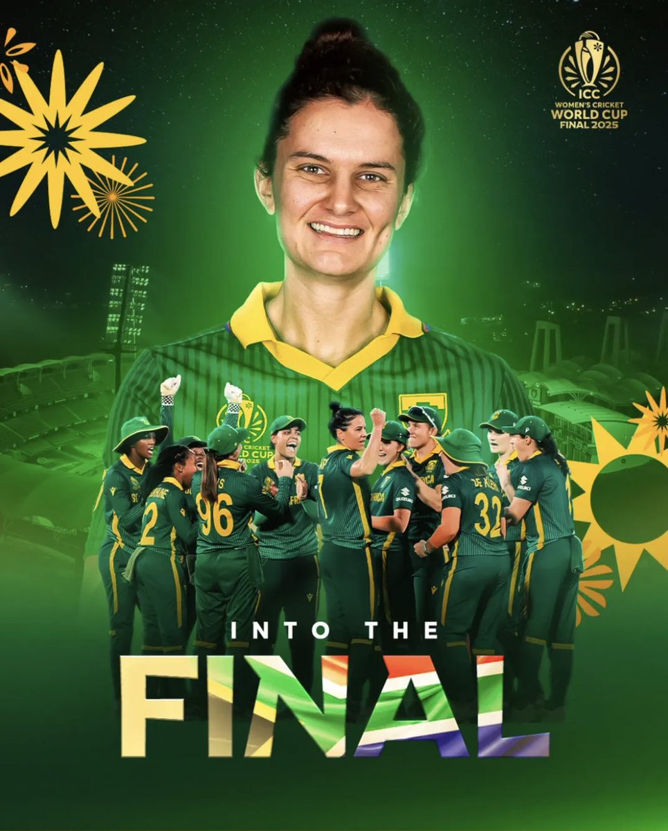 South Africa booked their place in the ICC Women's Cricket World Cup 2025 final with a massive 125-run smashing of England. The Proteas scripted history in Guwahati to reach their first World Cup final after semifinal defeats in 2017 &amp; 2022. 
Hulle weet nie wat ons weet nie 💫