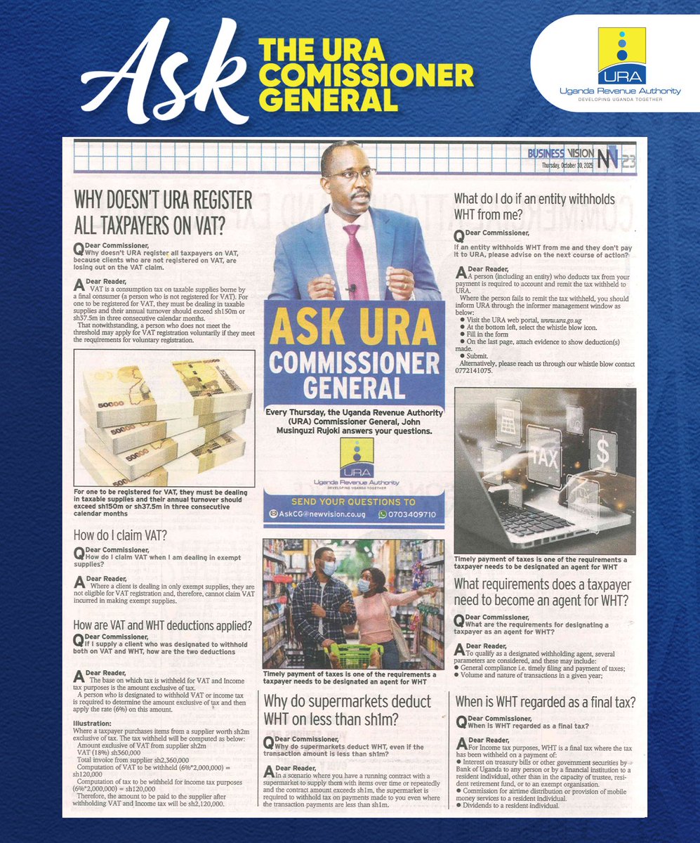 URAuganda's tweet image. Today in the #AskURACG pullout, we talk Value Added Tax and Withholding Tax.

Take a read!
⬇️

#FfeBanno