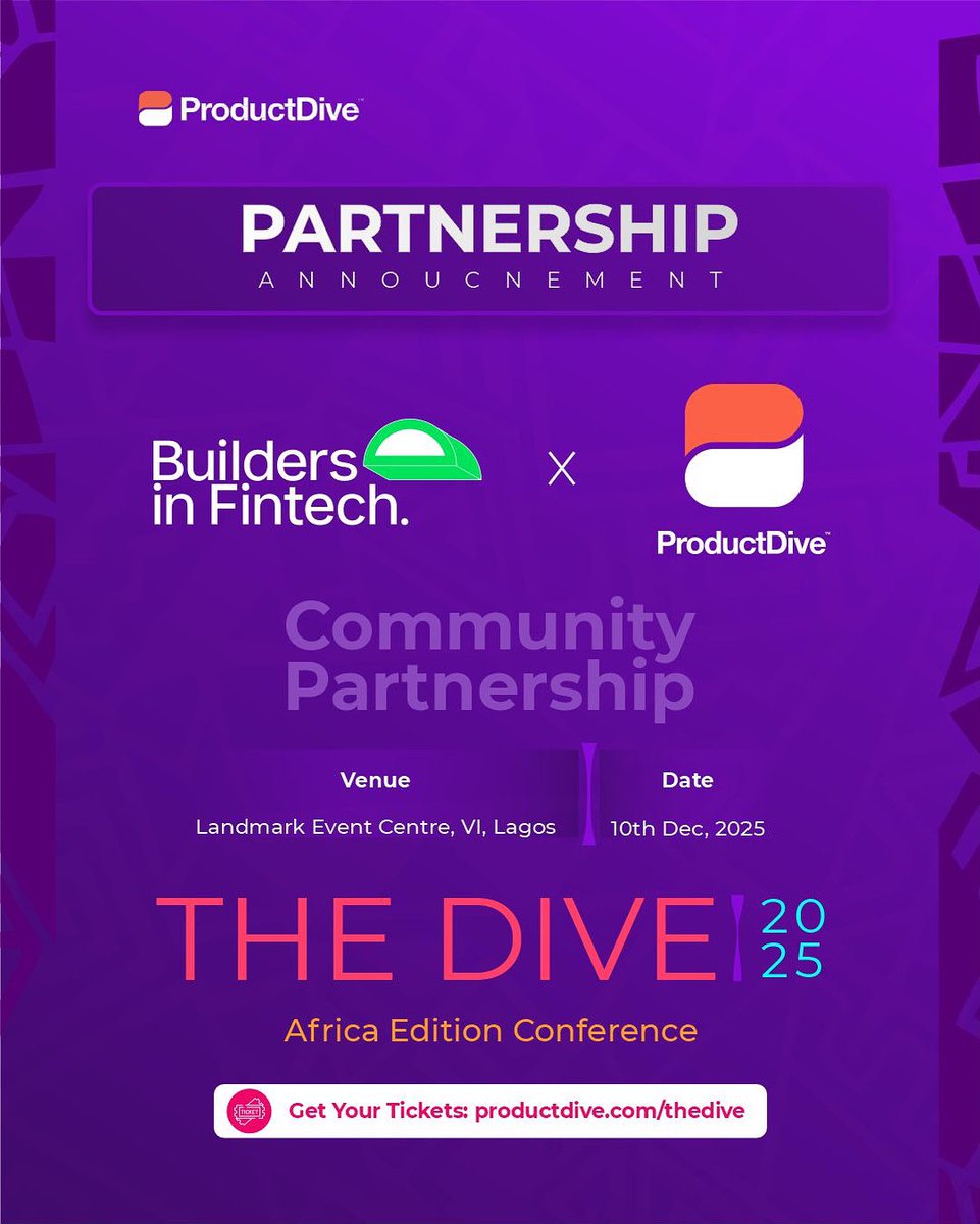 We’re thrilled to welcome <a href="/B_InFintech/">Builders in Fintech</a> as one of our community partners for #TheDive 2025 Conference🤝

Together, we’re bringing product minds to connect, learn, and grow.

📍 Landmark Event Centre, VI, Lagos
📅 December 10th, 2025

Get your tickets: productdive.com/the-dive-2025-…