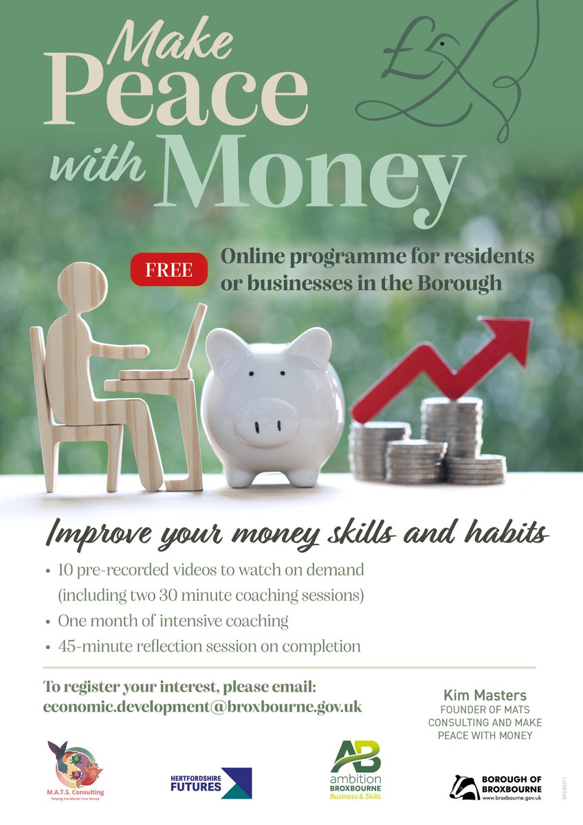 "Make Peace with Money" and improve your money skills and habits with this FREE online programme 🪙

Open to residents and businesses in the Borough of Broxbourne to help you improve your money skills.

Please email Economic.Development@Broxbourne.gov.uk to register your interest