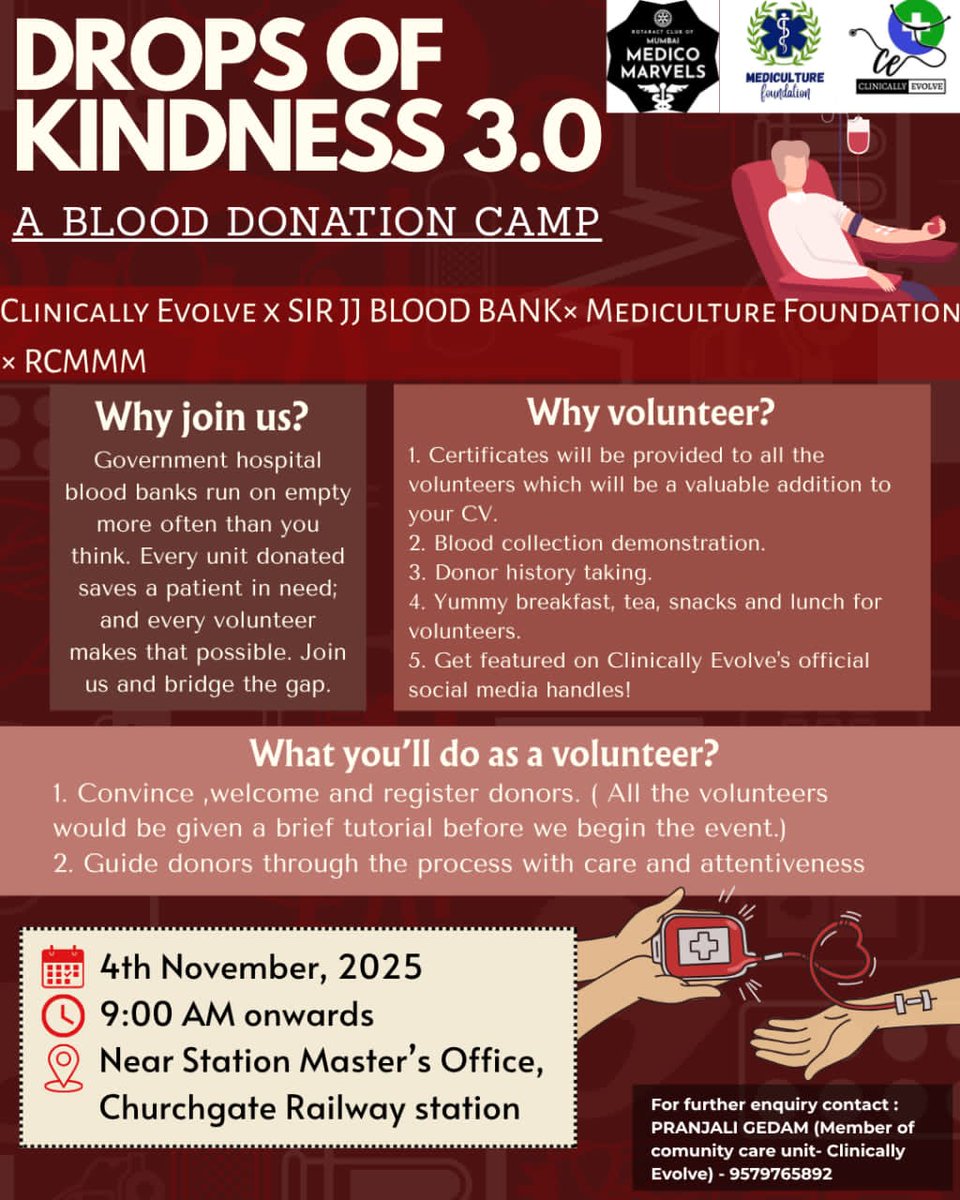 ✨CLINICALLY EVOLVE × Sir JJ Blood Bank × Mediculture Foundation × Rotaract Club of Mumbai Medico Marvels✨                 
Drops of Kindness 3.0 : A Blood Donation Camp
📆 4th Nov
🕑9 AM 
Register here and help cater the issue of shortage of blood 👇🏻
docs.google.com/forms/d/e/1FAI…