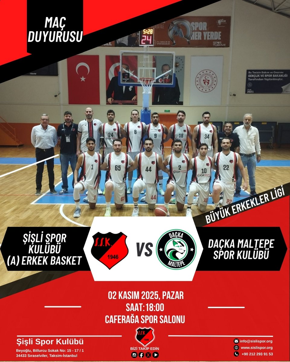 sislisporkulubu's tweet image. 🏀MAÇ DUYURUSU🏀
Büyük Erkekler Ligi&apos;nde parkede büyük mücadele başlıyor! 
Şişli Spor Kulübü (A) Erkek Basket takımımız, bu hafta Daçka Maltepe Spor Kulübü ile karşılaşıyor! 💥
📅 Tarih: 02 Kasım 2025, Pazar
🕗 Saat: 18:00
📍 Yer: Caferağa Spor Salonu
#ŞişliSporKulübü #şişlihaber