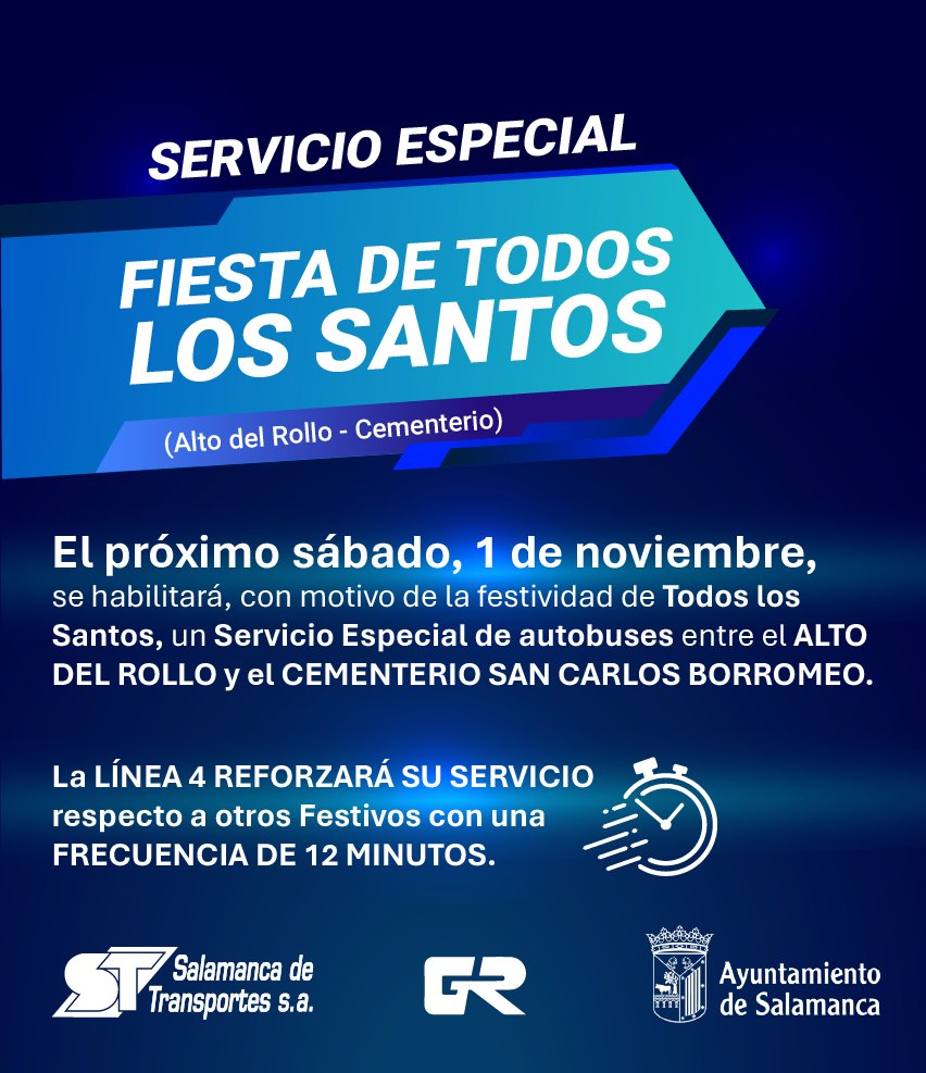 ⚠️ AVISO IMPORTANTE ⚠️

Servicio especial por Fiesta de Todos los Santos entre Alto del Rollo y el Cementerio San Carlos Borromeo.