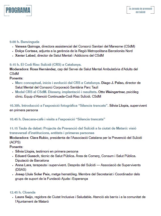 Us convidem a participar demà en la 2a Jornada de Prevenció, organitzada pel <a href="/CSdMaresme/">Consorci Sanitari del Maresme</a>. L’acte comptarà amb la participació d’Anna Lara, supervivent i terapeuta de DSAS.

🗓️ 31/10
🕘 9.00 h
📍 Sala d’Actes de l’Hospital Universitari de Mataró
