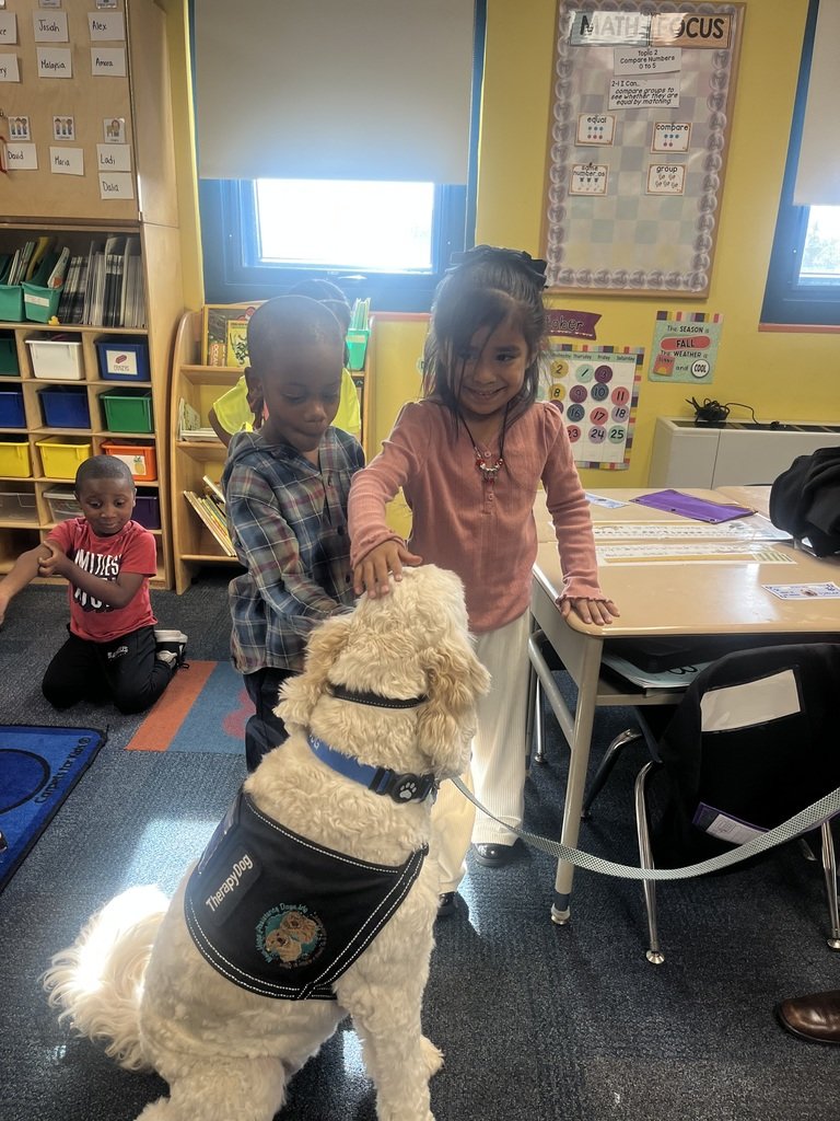 We had a special visit from Nutmeg the service dog. Thanks to Montgomery County Child Advocacy Project, we are fortunate to learn about all the wonderful things Nutmeg does. Thank you Nutmeg for spreading love and awareness to our school family.