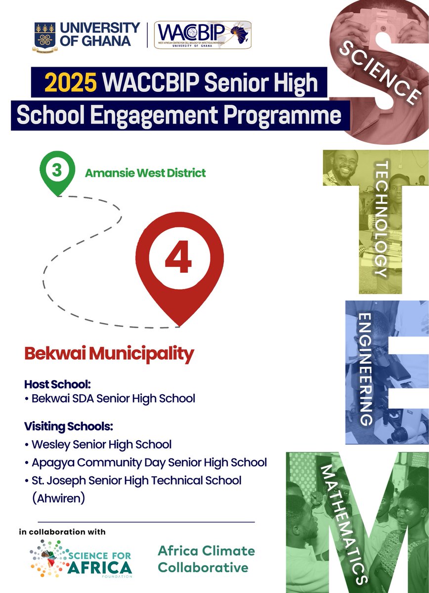 WACCBIP_UG's tweet photo. Day 4 and the final stop of the 2025 WACCBIP SHS Outreach! 

We’re in the Bekwai Municipality, hosted by SDA SHS, Bekwai, with Wesley SHS, St. Joseph SHTS, and Apagya Community Day SHS joining in.

The session opened with remarks from Hon. Salifu Issaka, MCE for Bekwai, who inspired students to study diligently and pursue excellence. 
Dr. Amuzu then followed with an engaging talk on his journey to becoming a scientist. 

#WACCBIPGoesAshanti #STEMEducation #InspiringFutureScientists #WACCBIPOutreach