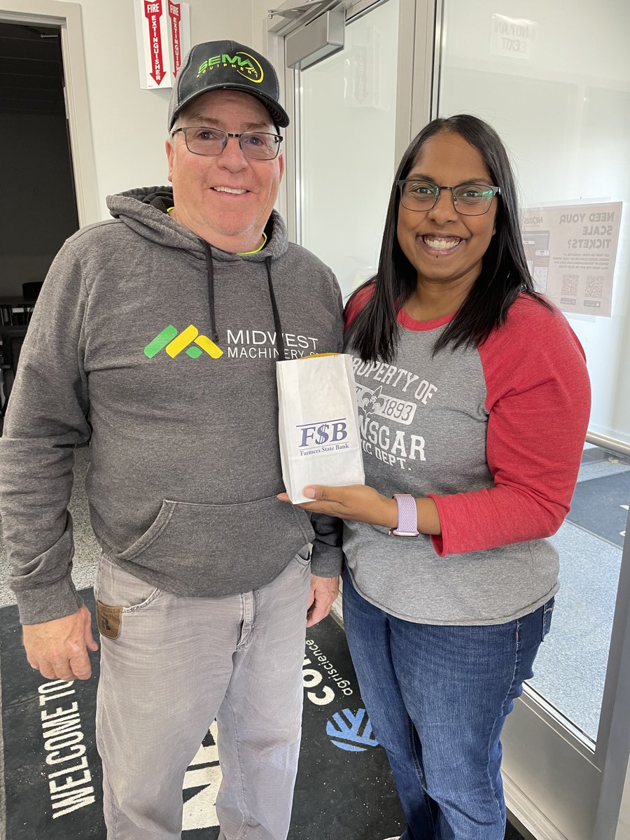 A big THANK YOU to our friends at Farmers State Bank in St. Ansgar for delivering some #harvest snacks to our Stacyville location. Here is Kala with one of our members Mark. #Harvest2025 #nexuscooperative #farmersstatebank