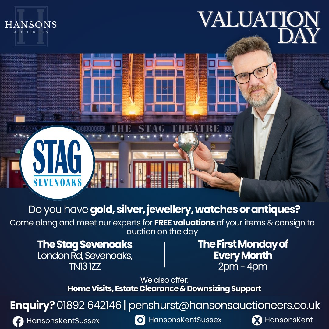 📣 Sevenoaks Valuation Event – Mon 3 Nov!
Join Charles &amp; the Hansons Kent &amp; Sussex team at The Stag, 2–4pm, for free valuations on gold, silver, jewellery, watches, &amp; antiques. Consign for auction on the day!
📍 The Stag, London Rd, TN13 1ZZ
🚫 No booking needed – just drop in!