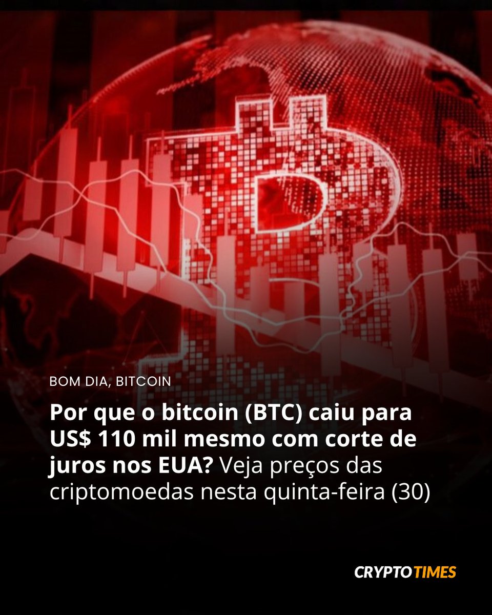 O bitcoin (BTC) é negociado na casa dos US$ 110 mil na manhã desta  quinta-feira (30), com uma queda de mais de 2%. Veja o desempenho das dez  maiores criptomoedas do mundo