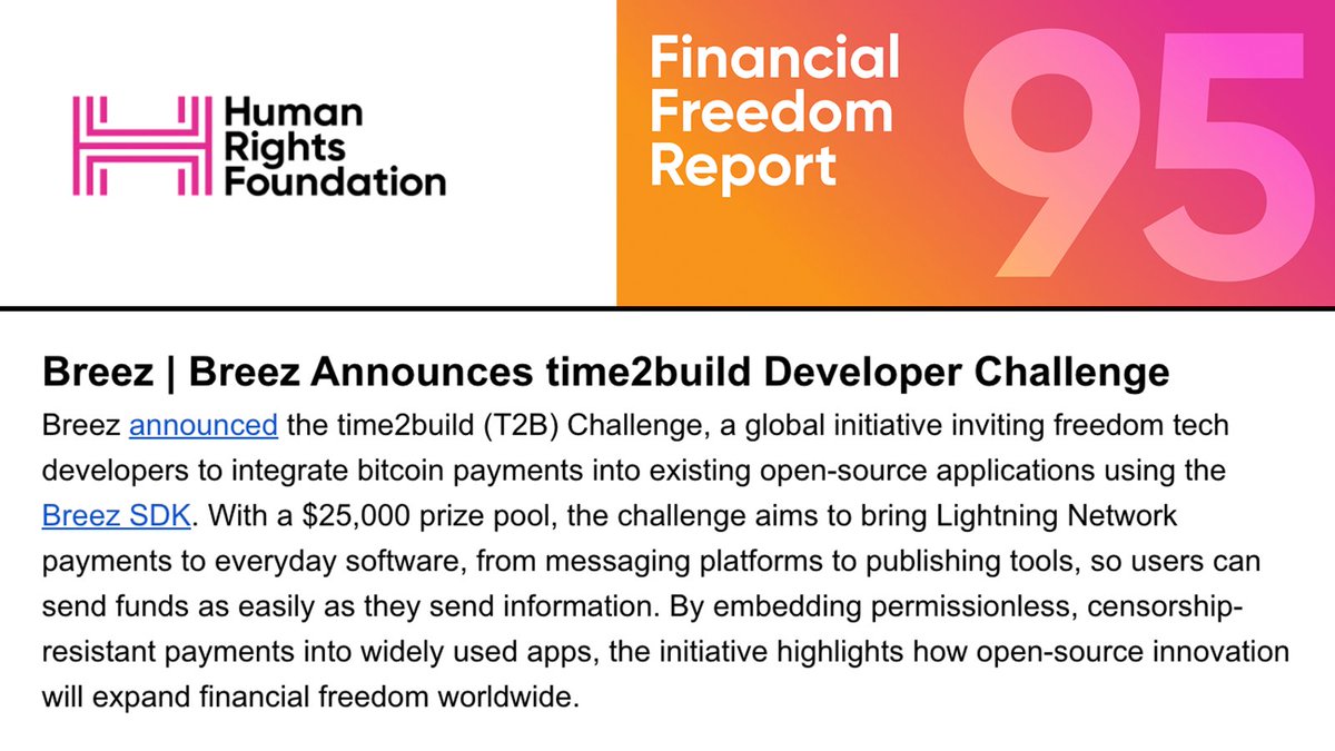 Thanks <a href="/HRF/">Human Rights Foundation (HRF)</a> for featuring &lt;/time2build&gt; in the latest Financial Freedom Report ⚡️

Builders everywhere, join us. Let’s bring bitcoin to millions through open-source apps.

🧵👇