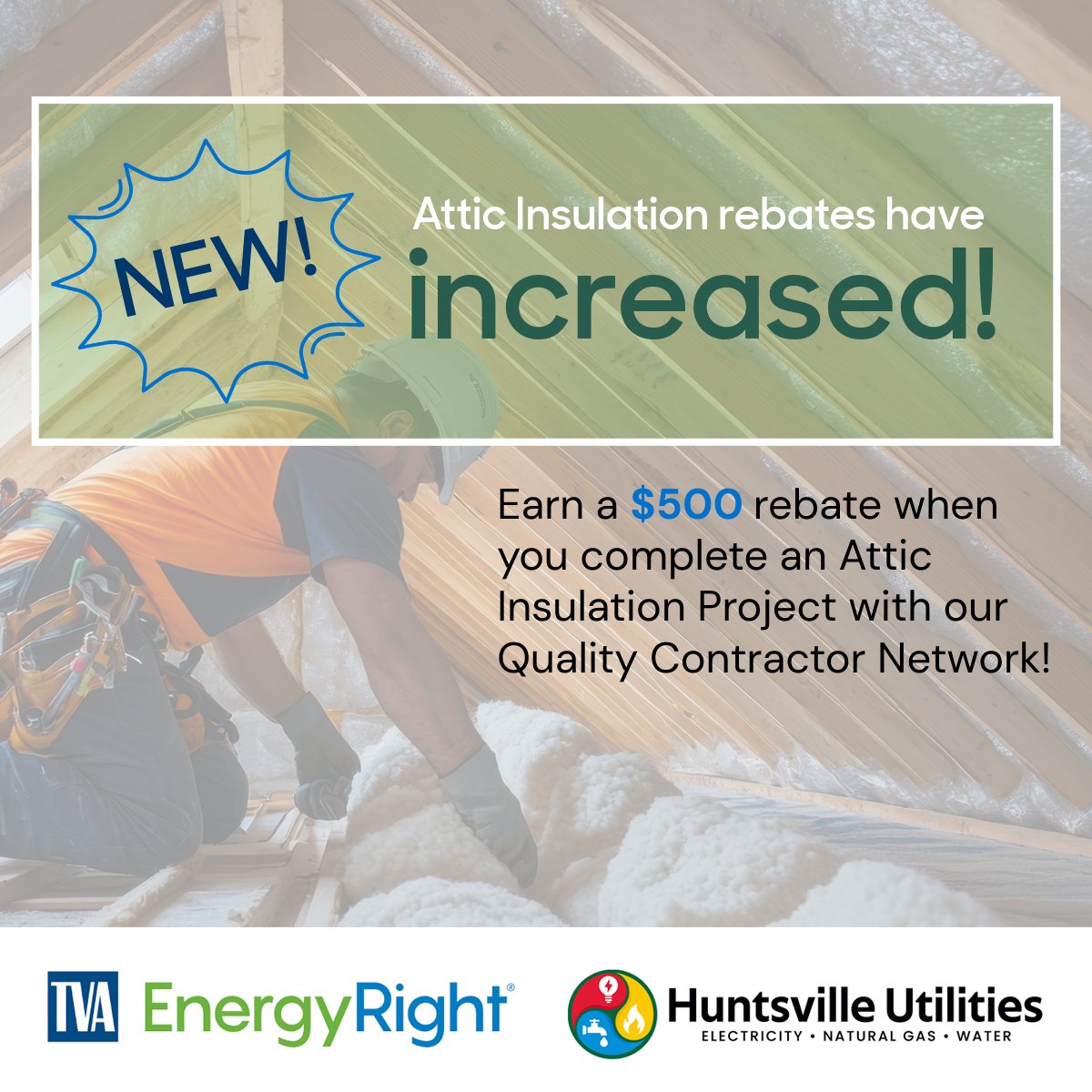 This fall, take advantage of TVA EnergyRight's new attic insulation rebate! 🍂💵​​ Attic Insulation keeps your home warm in the winter &amp; cool in the summer, leading to year-round energy savings. Now, save even more with increased rebates!​​ Visit energyright.com