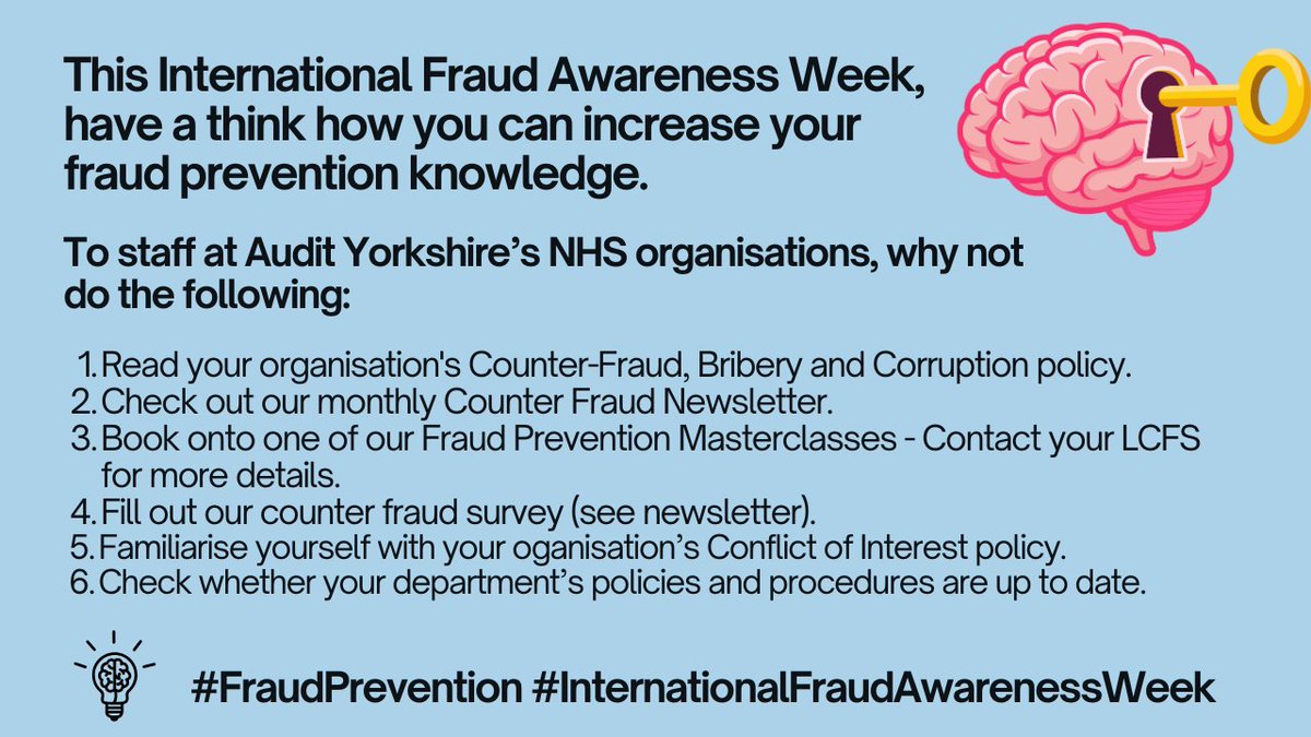 AYCounterFraud's tweet image. 💡 This #FraudAwarenessWeek, take a moment to think about how you can boost your fraud prevention knowledge.
A little learning goes a long way in helping protect our NHS. #KnowledgeIsPower