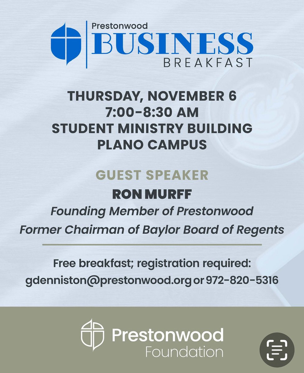 Great networking, food, fellowship and speakers … <a href="/Prestonwood/">Prestonwood Baptist</a> Business Breakfast is the place to be Thursday morning November 6. Sign up today. Invite a friend. All are welcomed.