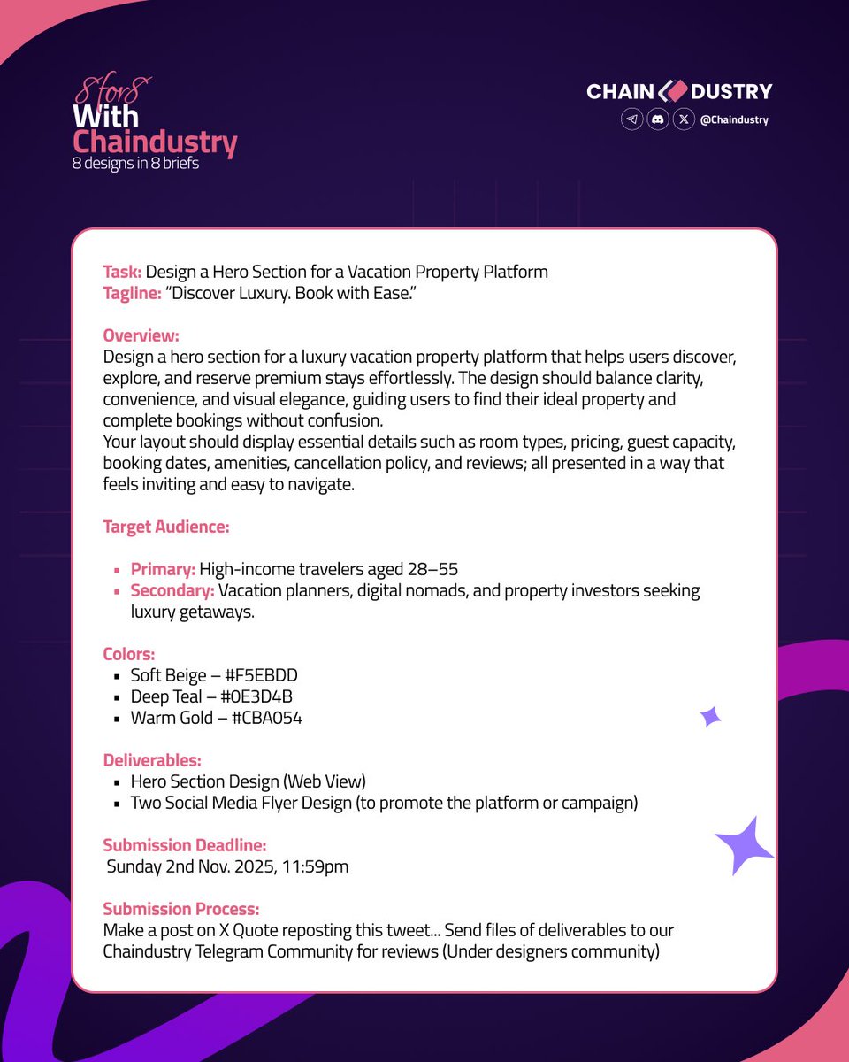 ChaindustryACD's tweet image. Day 2 is live! ✨

Design a stunning hero section for a luxury vacation platform, where clarity meets class.

See brief in the flyers attached

Quote this post with your submission 

Send design files to our Telegram (Design) Community for reviews: t.me/chaindustry