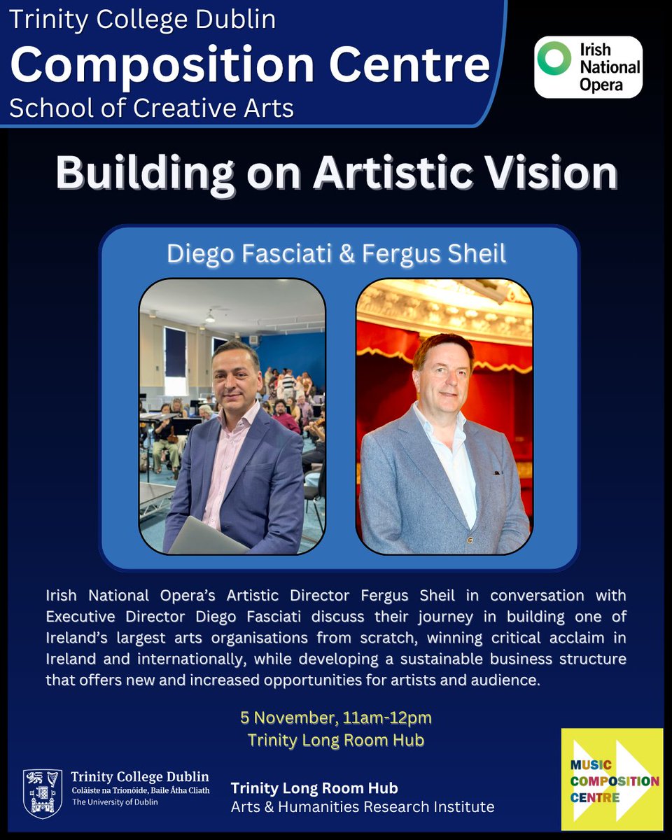 TCDcomposition's tweet image. 🎶 Building on Artistic Vision
🗓 05 Nov 2025 | 🕚 11:00–12:00
📍 Neill Lecture Theatre @TLRHub 
✨ Free &amp;amp; open to all – no registration required!