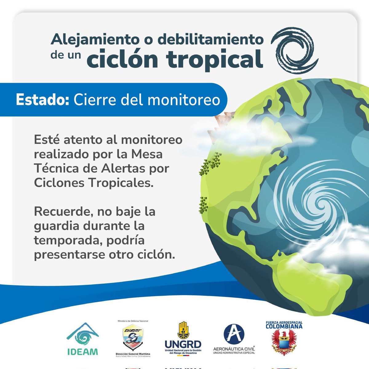 📢 ¡CIERRE DEL MONITOREO!🚨 
De acuerdo con el reporte de la Mesa Técnica de Alerta por Ciclones Tropicales (MTACT), se informa que el huracán Melissa ya no tiene influencia sobre el territorio colombiano 🇨🇴.

🔵 Se declara el cierre del monitoreo a este sistema para todos los