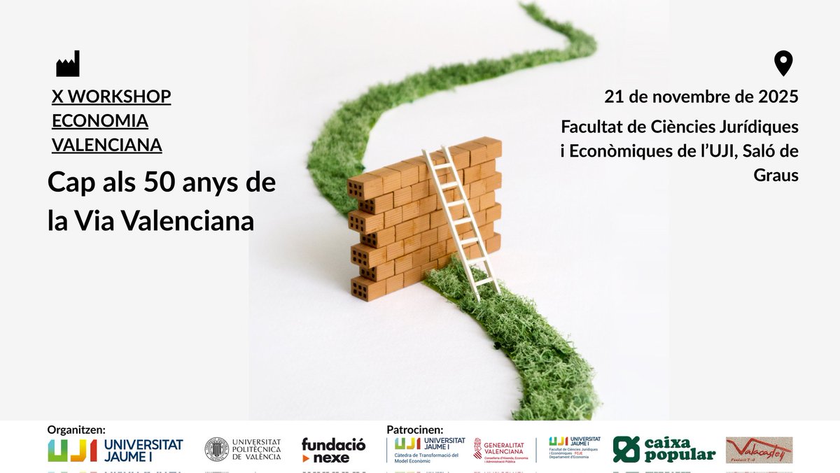Arriba el X Workshop d’Economia Valenciana 'Cap als 50 anys de la Via Valenciana'
🗓 21 novembre
📍 <a href="/UJIuniversitat/">Universitat Jaume I</a>
 50 anys del llibre d'Ernest Lluch. Què hem avançat? Quins reptes continuem tenint per al futur?
Vine i parlem-ne!
Tota la informació:
fundacionexe.org/x-workshop-eco…