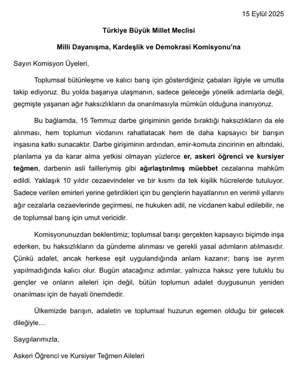 <a href="/KaramikSunay/">Sunay Karamık</a> ⚖️ 15 Temmuz’da emir altında olup hiçbir yetkisi olmayan yüzlerce Er, Askeri Öğrenci ve Kursiyer Teğmen, yaklaşık 10 yıldır ağırlaştırılmış müebbet cezalarıyla cezaevinde...
TBMM'den en büyük beklentimiz bu ADALETSİZLİĞE artık bir çözüm BULMASI!!!
<a href="/TBMMresmi/">TBMM</a> <a href="/NumanKurtulmus/">Numan Kurtulmuş</a>