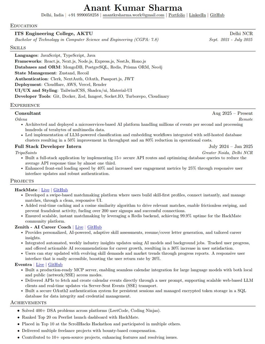anantXdev's tweet image. Open to new roles: Software Engineer interested in Full-Stack, SDE or SWE positions. My resume screenshot is attached for review. If your team is hiring or you know of someone who is, I’d be grateful for a connection.
(reposts appreciated)
Portfolio: anantx.dev