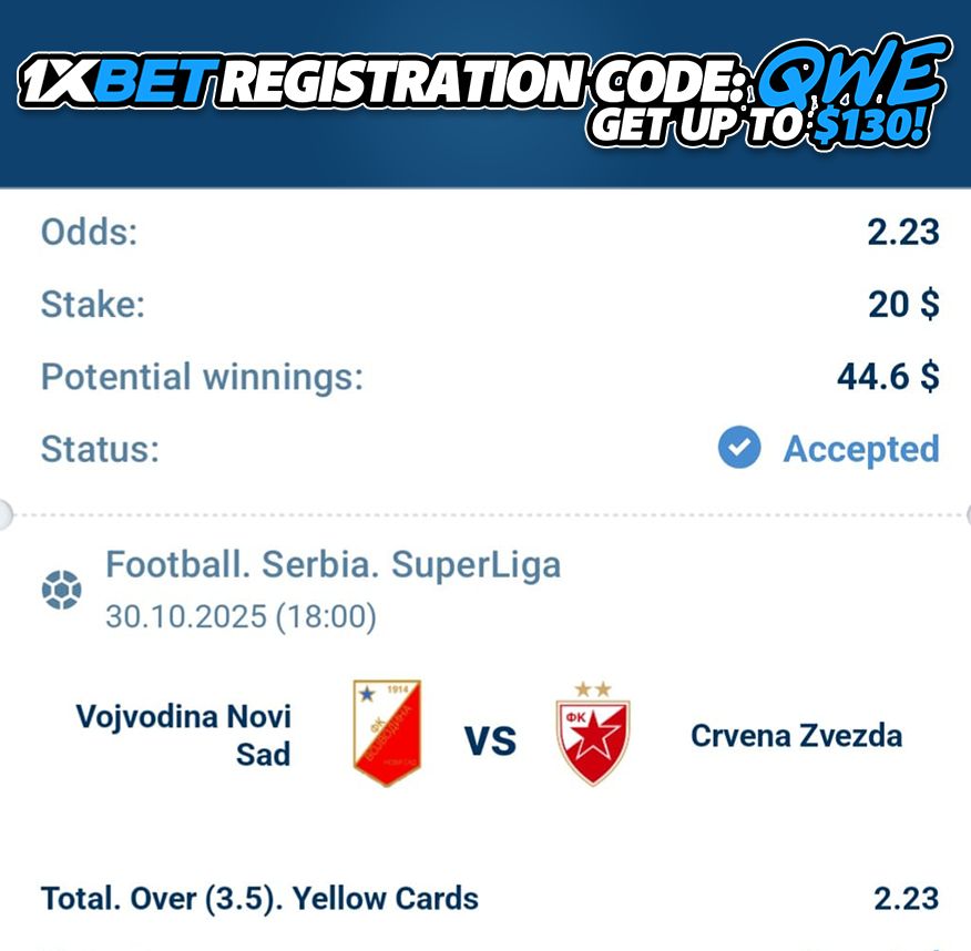 Vojvodina 🆚 Crvena Zvezda

Prediction:
Over 3.5 Yellow Cards 📈

Odds: 2.23❗️

Registration Promo Code (130$ bonus) = "QWE" 🎁

Mobile App: reffpa.com/L?tag=d_467577…

#Betting #Gambling𝕏 #cards #crvenazvezda #Superliga #VojvodinaCrvena