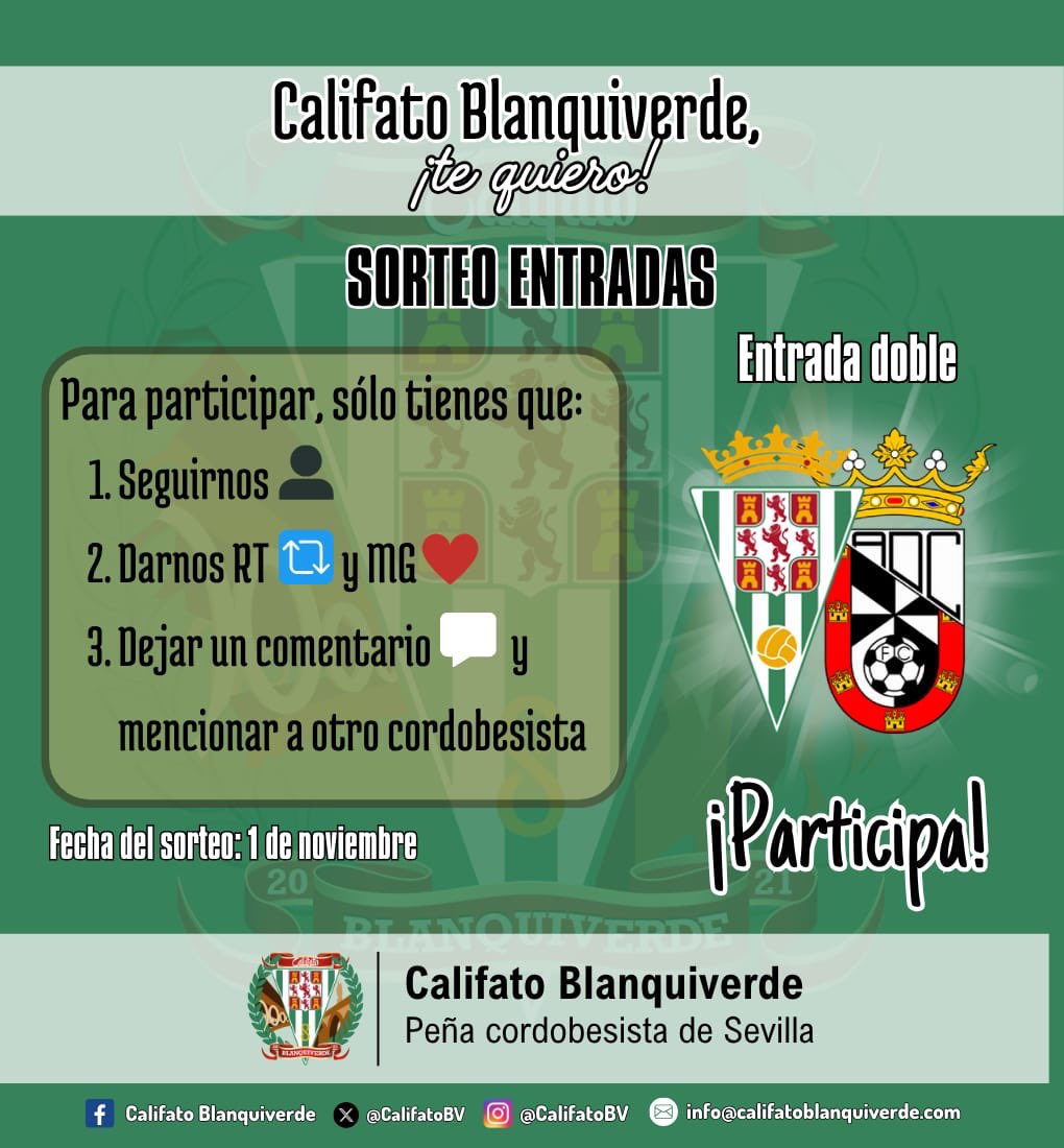 🏆 𝗟𝗔 𝗖𝗢𝗣𝗔 𝗦𝗘 𝗢𝗟𝗩𝗜𝗗𝗔 𝗚𝗔𝗡𝗔𝗡𝗗𝗢

Participa en el sorteo de una entrada doble🎫🎫 y disfruta del #CórdobaCeuta de este domingo [16:15] con un/a acompañante.

📅 Fecha del sorteo: sábado, 1 de noviembre.

#CalifatoBlanquiverde