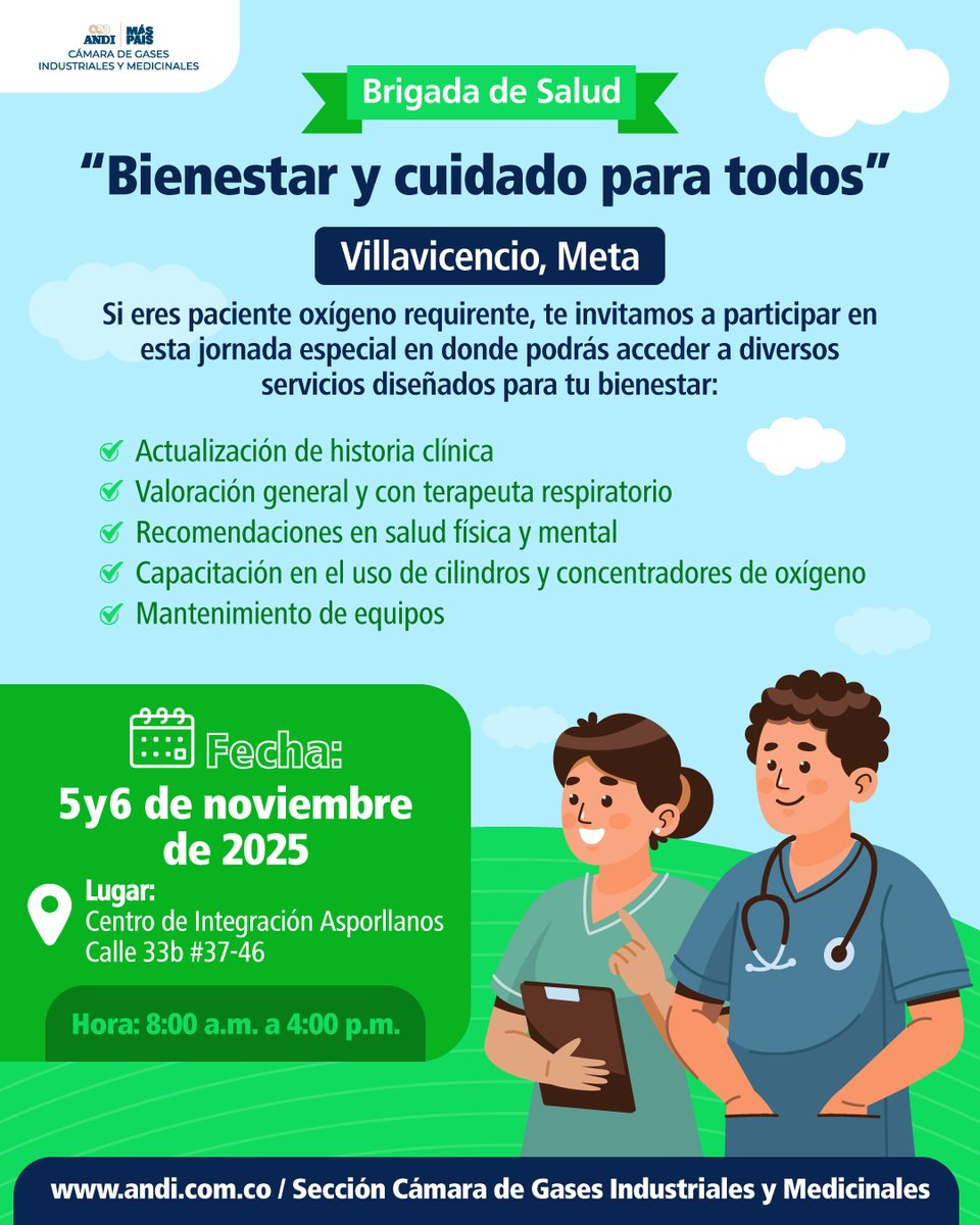 ¡Prepárate... Ya viene nuestra brigada de la salud! 
Este 5 y 6 de noviembre estaremos en Villavicencio para vivir la jornada “Bienestar y Cuidado para Todos”.
🗓️Agéndate y vivamos juntos este encuentro.
Más información 👉 bit.ly/4hAxT6N
#GasesANDI
