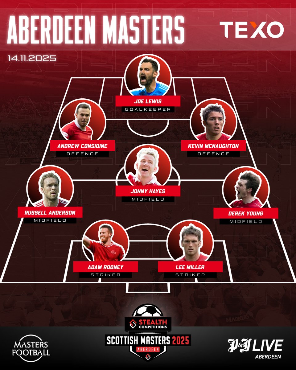 mastersfootball's tweet photo. Your confirmed Aberdeen Masters jersey and line up sponsored by TEXO for the Stealth Competitions Scottish Masters 2025 @PandJLive

Replica jerseys available @MFsportsUK

Tickets on sale  at https://t.co/IUdLPIT0QH 

#MastersFootball #Aberdeen https://t.co/6TcJ879xnC