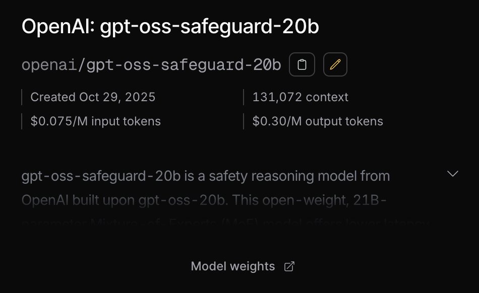 OpenRouterAI's tweet image. Try the new model from @OpenAI: GPT-OSS-Safeguard-20B
- Open Source: This model is a fine-tuned version of GPT-OSS.
- "Bring your own policy": It is designed to follow explicit written policies that you provide.