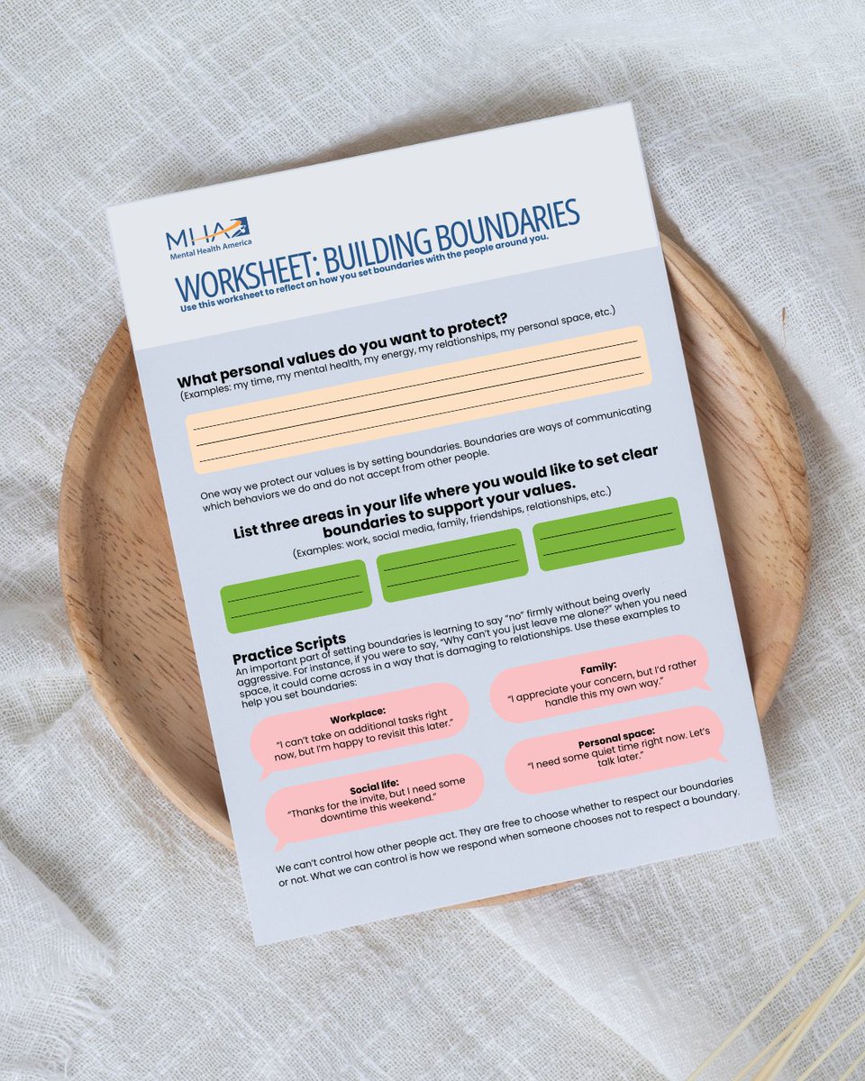 NormalizePtsd's tweet image. Boundaries are guardrails that protect your peace.

The Building Boundaries Worksheet from Mental Health America offers practical prompts and script ideas to help you reflect on what you need and how to ask for it.

Download it here:mhanational.org 💻