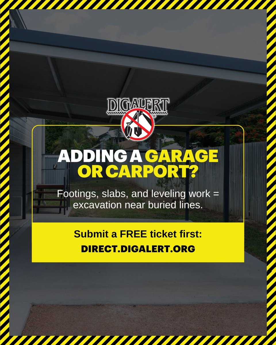 DigAlert's tweet image. Adding a Garage or Carport?
Footings, slabs, and leveling work = excavation near buried utility lines.
Submit a FREE DigAlert® ticket to locate and mark your utility lines: direct.digalert.org
#GarageBuild #HomeProjects #KnowWhatsBelow