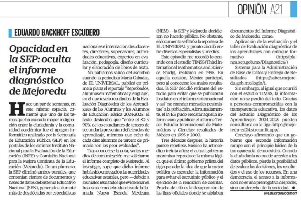 Comparto mi columna en <a href="/El_Universal_Mx/">El Universal</a> sobre el ocultamiento del informe diagnóstico del aprendizaje de MEJOREDU (2024-2025), por parte de la <a href="/SEP_mx/">SEP México</a>.