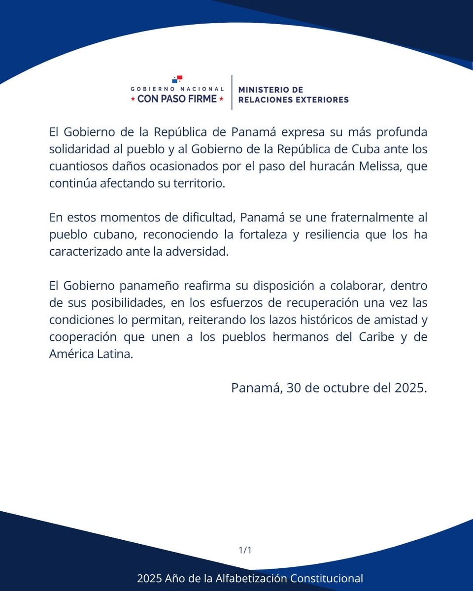 Agradecemos las muestras de solidaridad y humanismo expresadas por el pueblo y gobierno panameños tras el  impacto devastador del huracán Melissa por la zona oriental de #Cuba. #FuerzaCuba