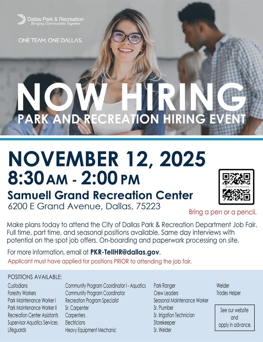 We’re Hiring! Join us for the Dallas Park and Recreation Hiring Event on November 12, 2025, from 8:30 AM – 2 PM at Samuell Grand Recreation Center.

Explore full-time, part-time, and seasonal opportunities!

Don’t forget to apply online before attending and bring a pen or pencil.