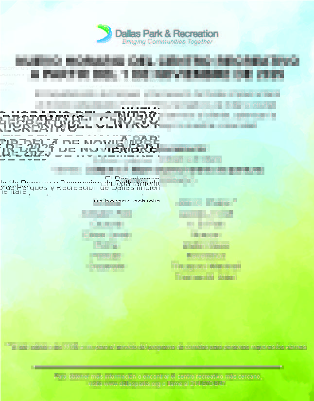 Please note #DallasParks updated recreation center hours beginning Nov.1

Tenga en cuenta que #DallasParks ha actualizado el horario del centro recreativo a partir del 1 de noviembre.