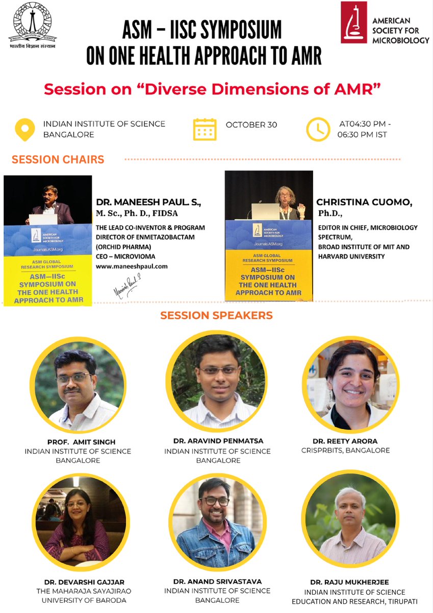 maneeshpaul's tweet image. It was an absolute pleasure to co-chair the session “Diverse Dimensions of AMR” alongside Dr. @christina_cuomo at the @ASMicrobiology–@iiscbangalore Symposium on One Health Approach to Antimicrobial Resistance (October 29-31), held at IISc Bengaluru, today. 

The speakers…